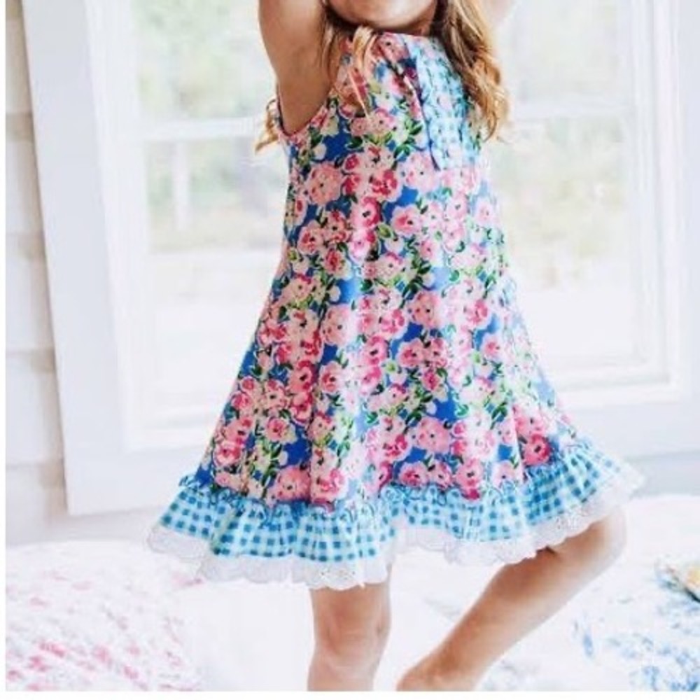SweetHoney Girls Floral Gingham Ruffle Dress and Bloomers Set Blue Pink Size 12Y